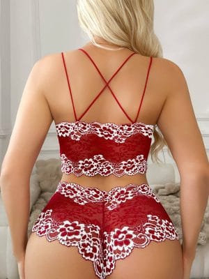 Floral Lace Bra & Panty Set 2pcs Women Sexy V-Neck Suspender