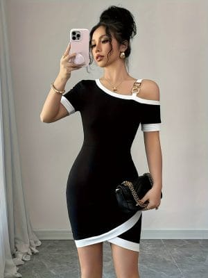 High-Low Neckline Mini Dress Women Elegant Off-Shoulder