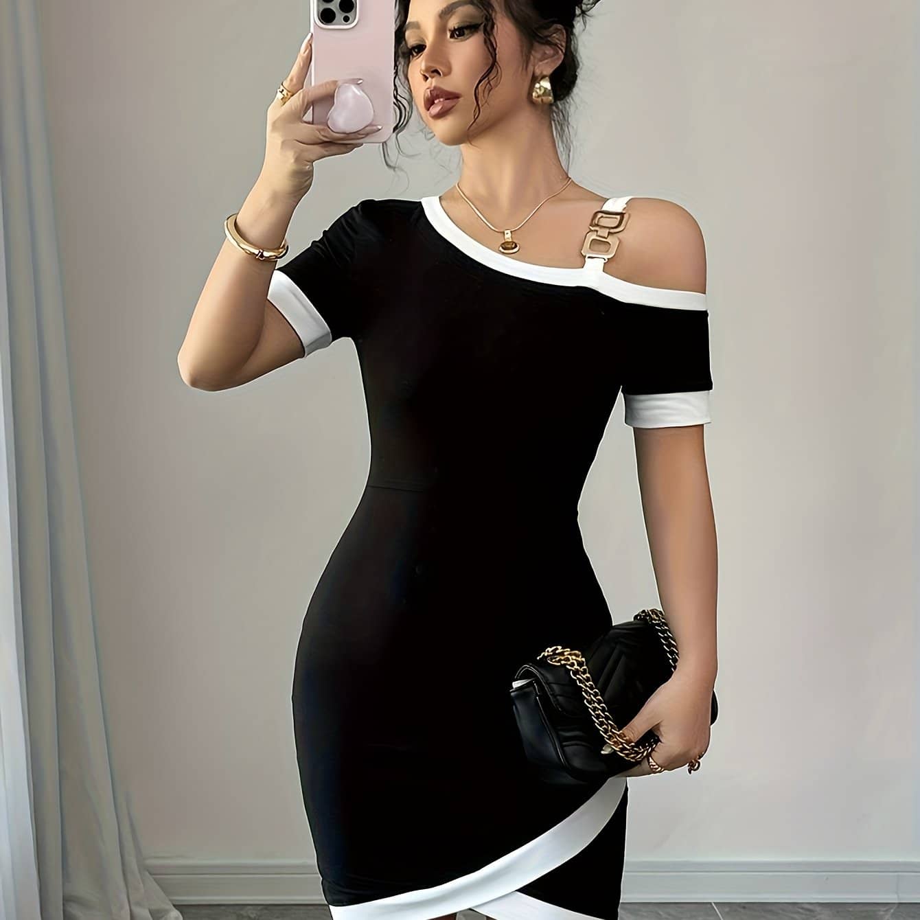 High-Low Neckline Mini Dress Women Elegant Off-Shoulder