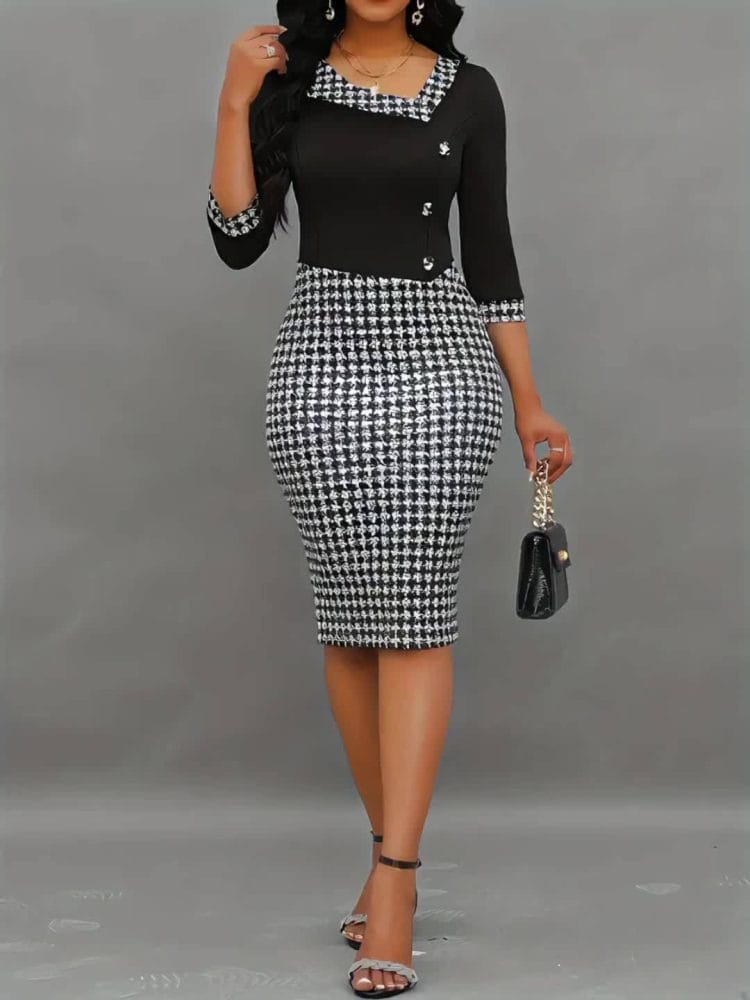 Houndstooth Print Bodycon Midi Dress featuring Elegant Half Sleeve Design