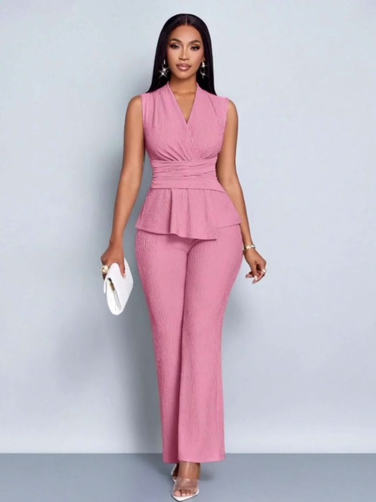 Wide-Leg Pants Two-Piece Set Elegant Women Alluring V-Neck Sleeveless Blouse