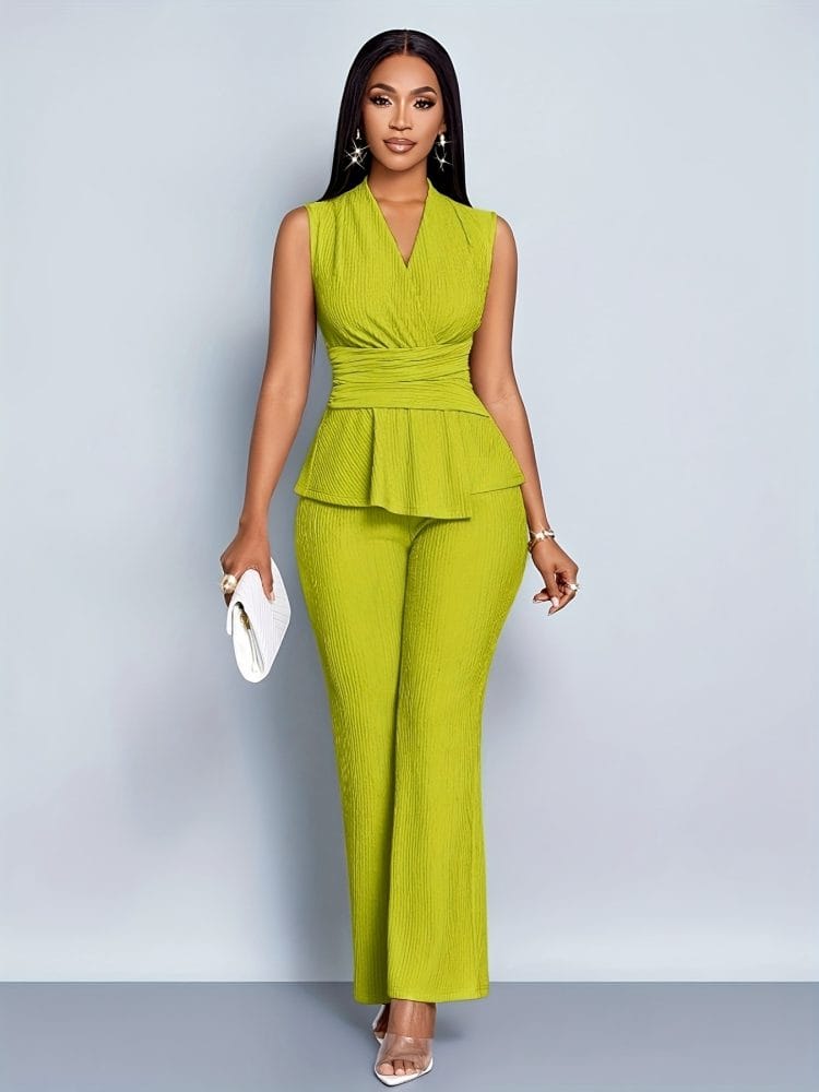 Wide-Leg Pants Two-Piece Set Elegant Women Alluring V-Neck Sleeveless Blouse