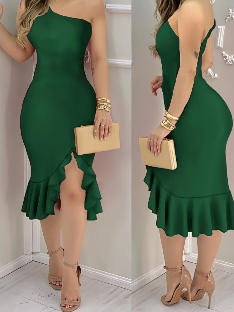 Off-Shoulder Midi Dress Women Elegant Deep Emerald Green Mermaid Dress