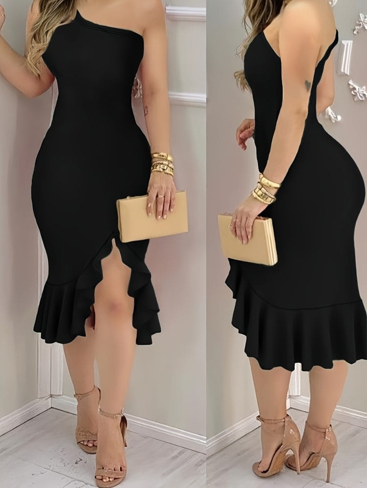 Off-Shoulder Midi Dress Women Elegant Deep Emerald Green Mermaid Dress