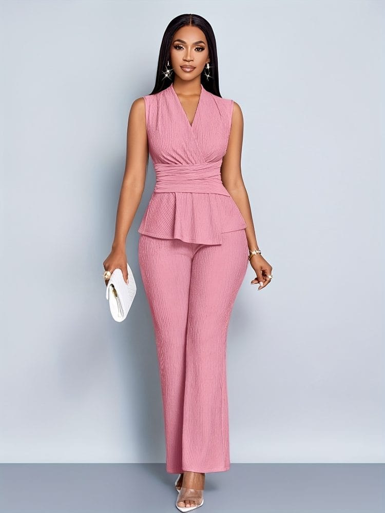 Wide-Leg Pants Two-Piece Set Elegant Women Alluring V-Neck Sleeveless Blouse