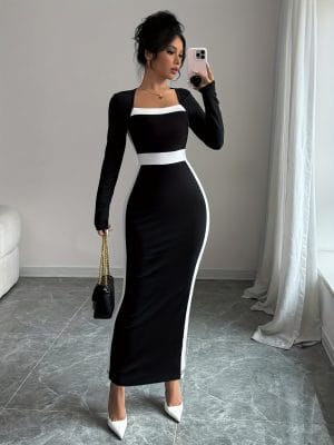 French square-neck sexy Maxi Dress body-hugging