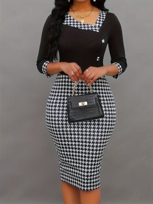 Houndstooth Print Bodycon Midi Dress featuring Elegant Half Sleeve Design