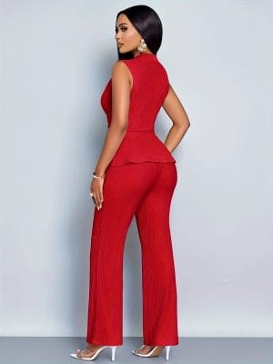 Wide-Leg Pants Two-Piece Set Elegant Women Alluring V-Neck Sleeveless Blouse