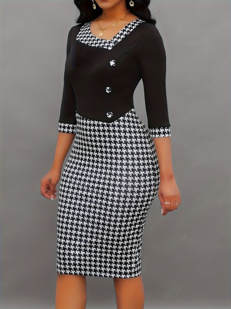 Houndstooth Print Bodycon Midi Dress featuring Elegant Half Sleeve Design
