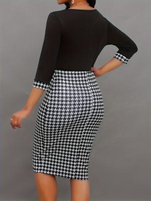 Houndstooth Print Bodycon Midi Dress featuring Elegant Half Sleeve Design