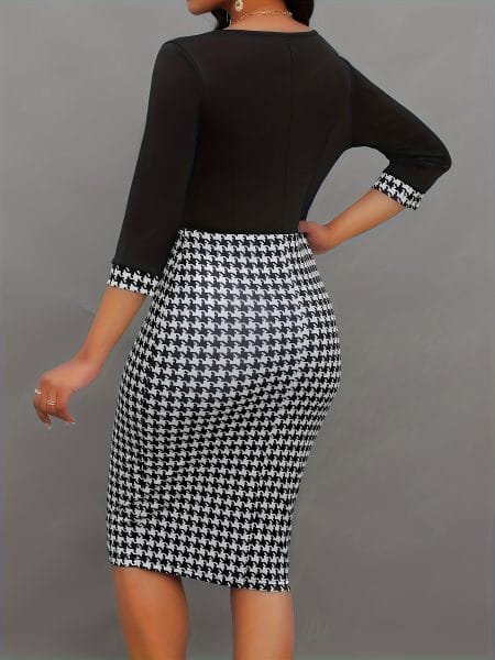 Houndstooth Print Bodycon Midi Dress featuring Elegant Half Sleeve Design