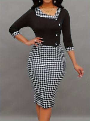 Houndstooth Print Bodycon Midi Dress featuring Elegant Half Sleeve Design