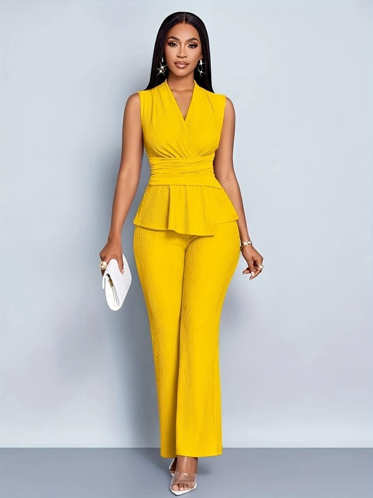 Wide-Leg Pants Two-Piece Set Elegant Women Alluring V-Neck Sleeveless Blouse