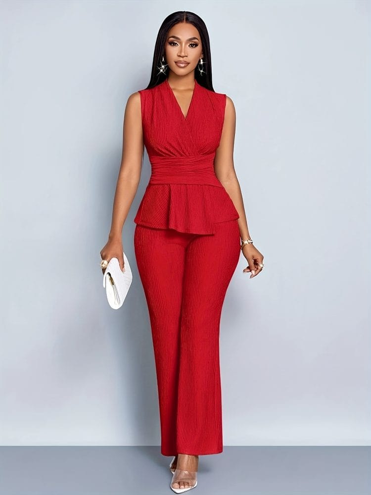 Wide-Leg Pants Two-Piece Set Elegant Women Alluring V-Neck Sleeveless Blouse