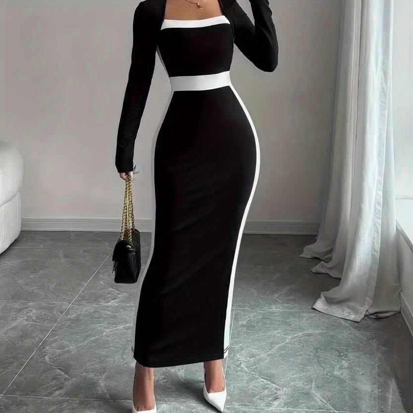 French square-neck sexy Maxi Dress body-hugging