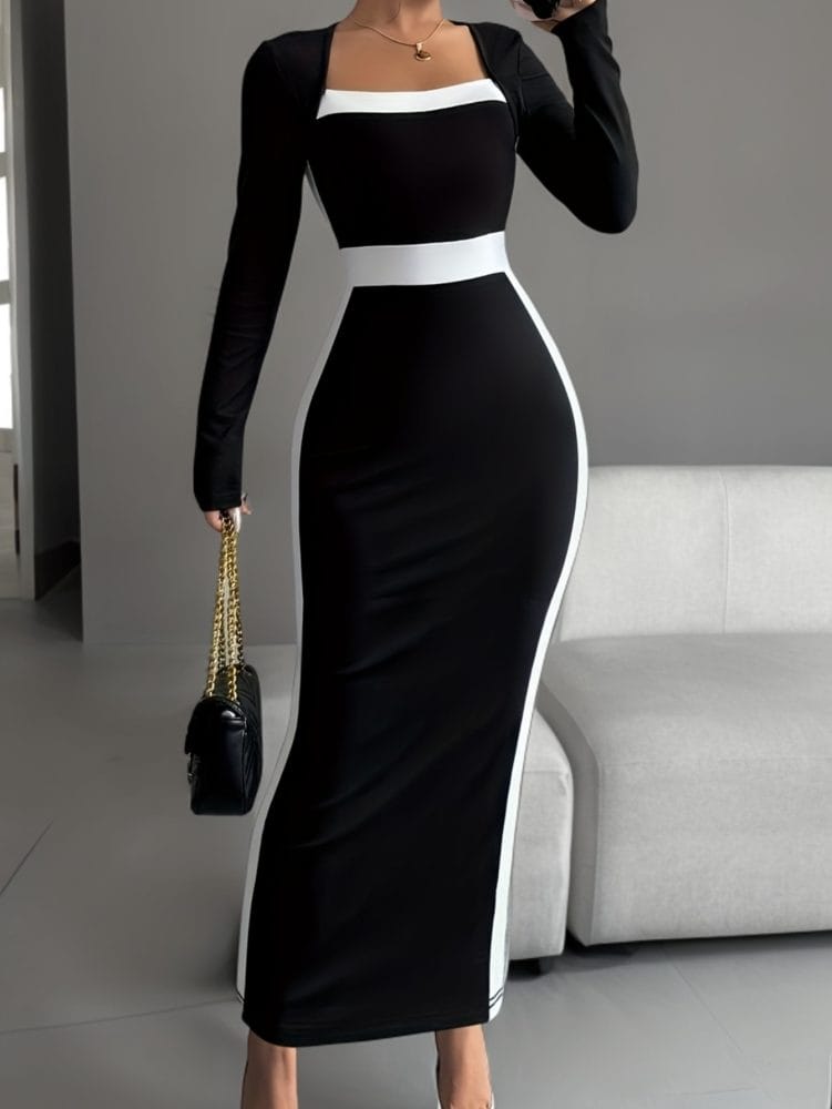 French square-neck sexy Maxi Dress body-hugging