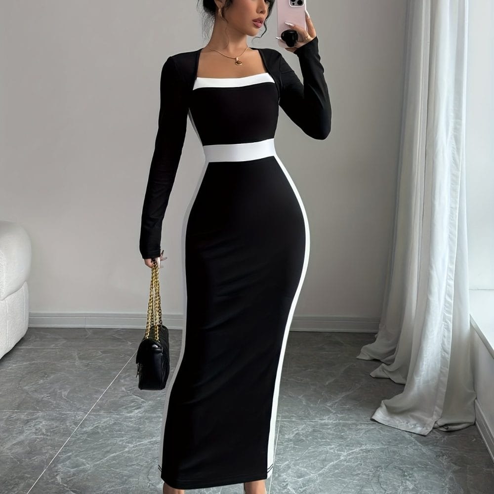 French square-neck sexy Maxi Dress body-hugging