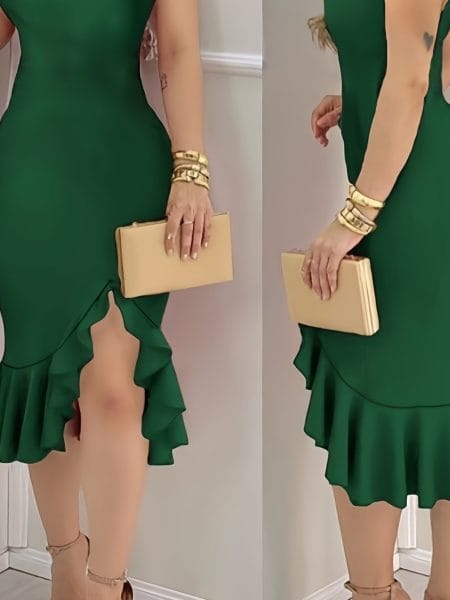 Off-Shoulder Midi Dress Women Elegant Deep Emerald Green Mermaid Dress - Green, S