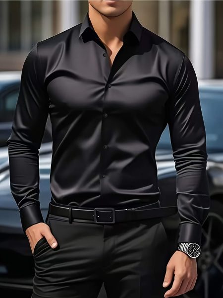 Casual Style Business Shirt Light Gray Men Long Sleeve