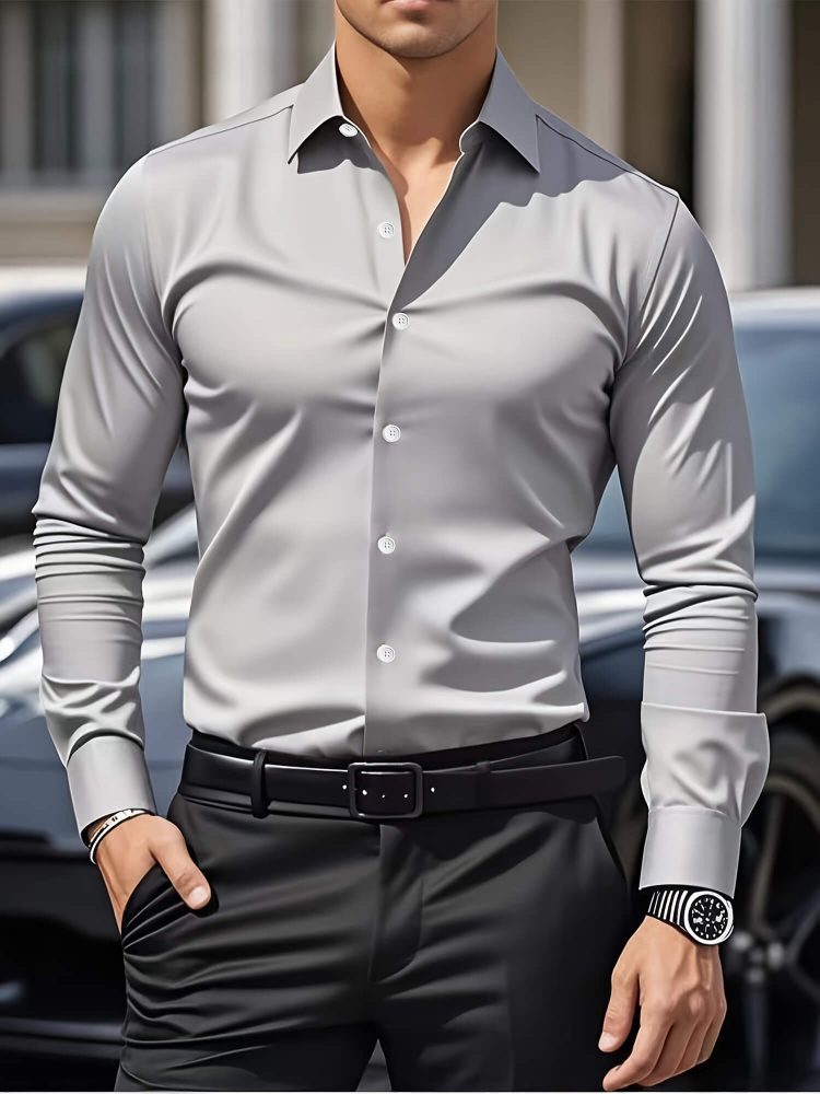 Casual Style Business Shirt Light Gray Men Long Sleeve