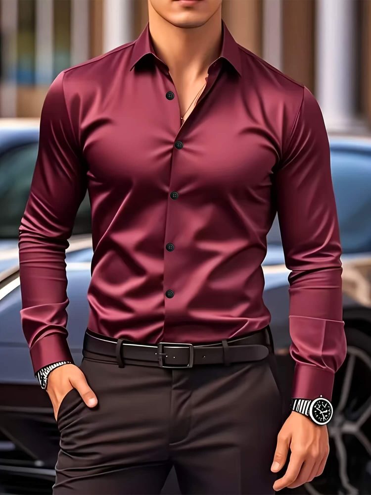 Casual Style Business Shirt Light Gray Men Long Sleeve