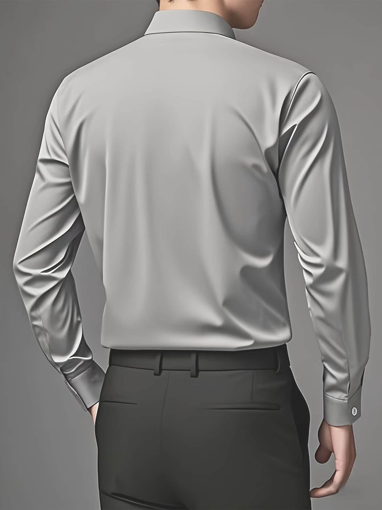 Casual Style Business Shirt Light Gray Men Long Sleeve