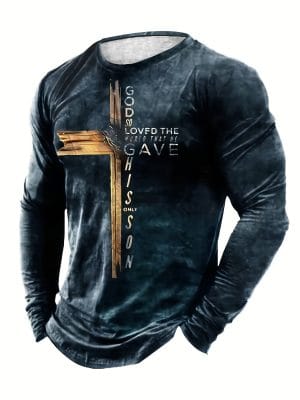 Classic Cross Men T-shirt Letter Print Creative Long Sleeve