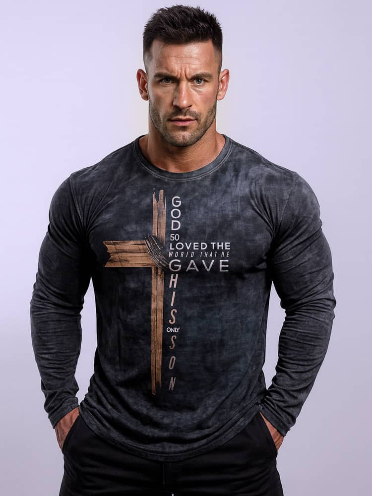 Classic Cross Men T-shirt Letter Print Creative Long Sleeve