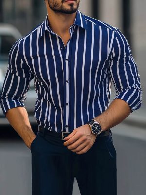 Men Casual Business Shirt Outdoor Button-Up Striped