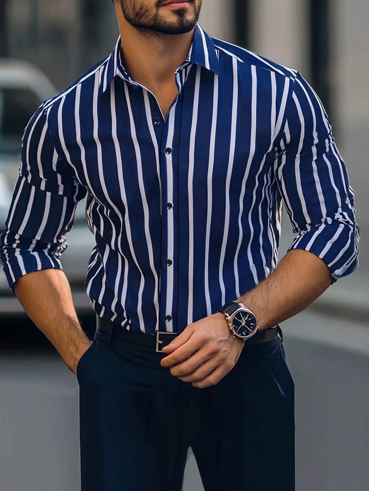 Men Casual Business Shirt Outdoor Button-Up Striped