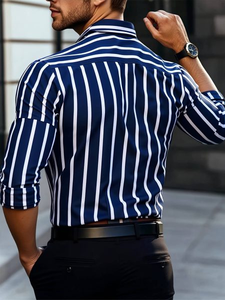 Men Casual Business Shirt Outdoor Button-Up Striped