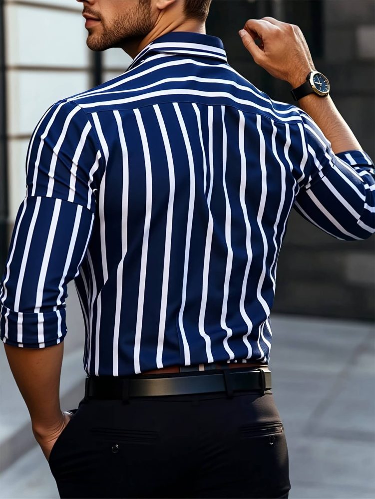 Men Casual Business Shirt Outdoor Button-Up Striped