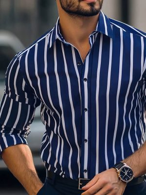 Men Casual Business Shirt Outdoor Button-Up Striped