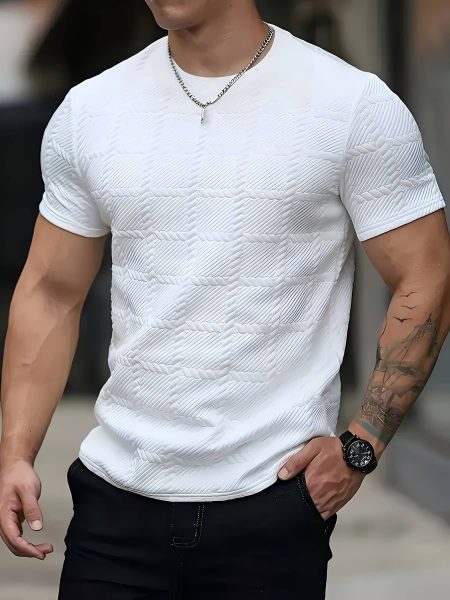 Men Casual Crew Neck T-Shirt Soft Jacquard Fabric Regular Fit