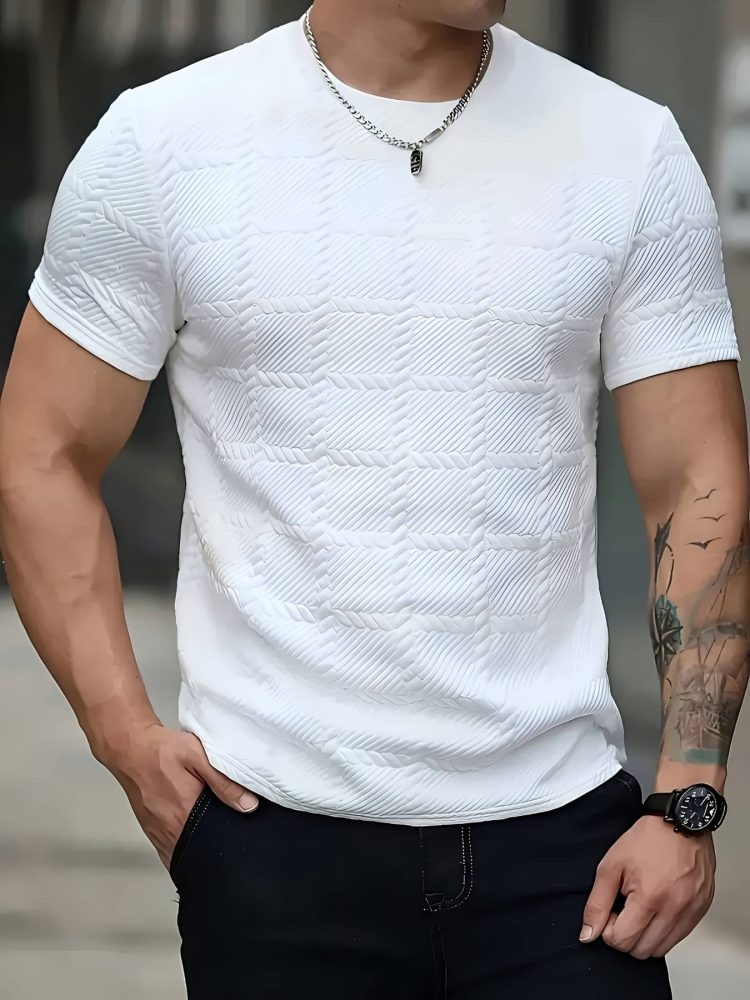 Men Casual Crew Neck T-Shirt Soft Jacquard Fabric Regular Fit
