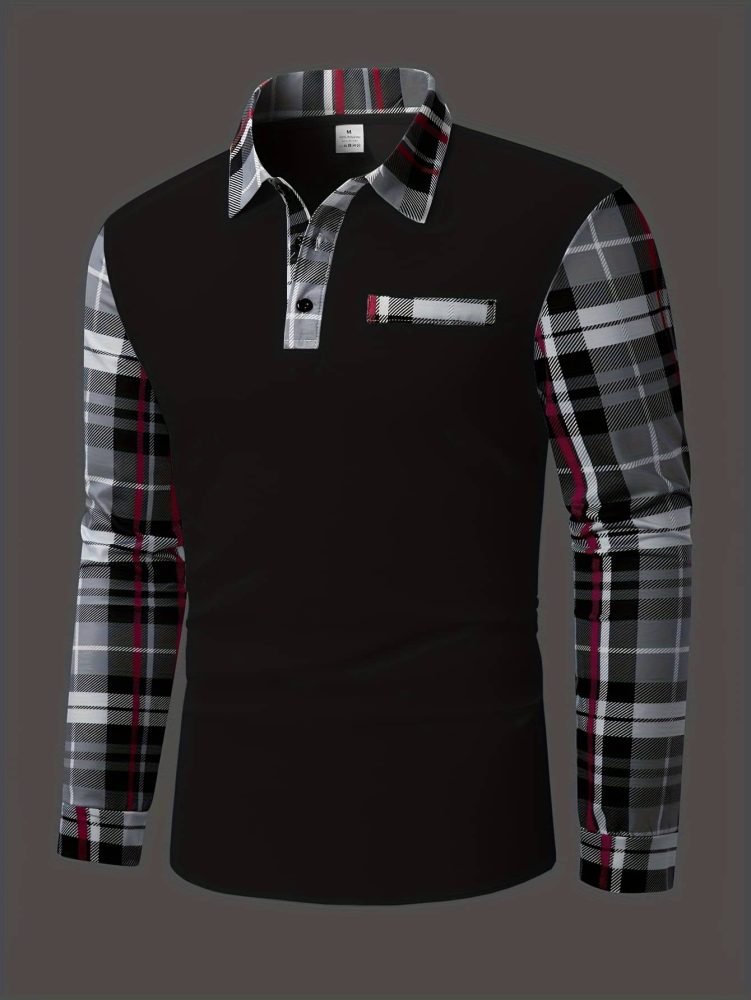 Men Casual Plaid Polo Long Sleeve Shirt with Chest Patch