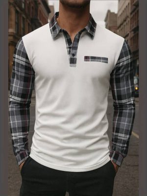 Men Casual Plaid Polo Long Sleeve Shirt with Chest Patch