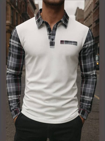 Men Casual Plaid Polo Long Sleeve Shirt with Chest Patch