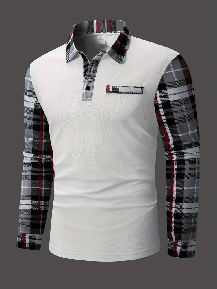 Men Casual Plaid Polo Long Sleeve Shirt with Chest Patch