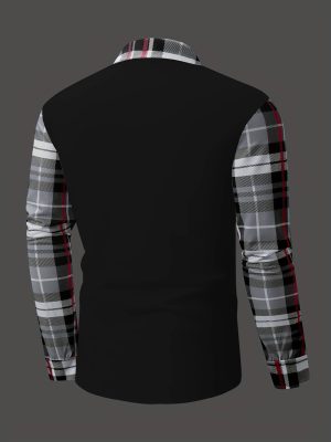 Men Casual Plaid Polo Long Sleeve Shirt with Chest Patch