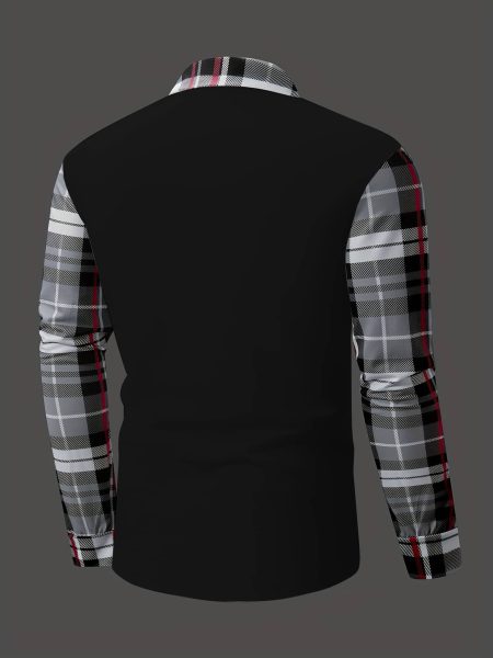 Men Casual Plaid Polo Long Sleeve Shirt with Chest Patch