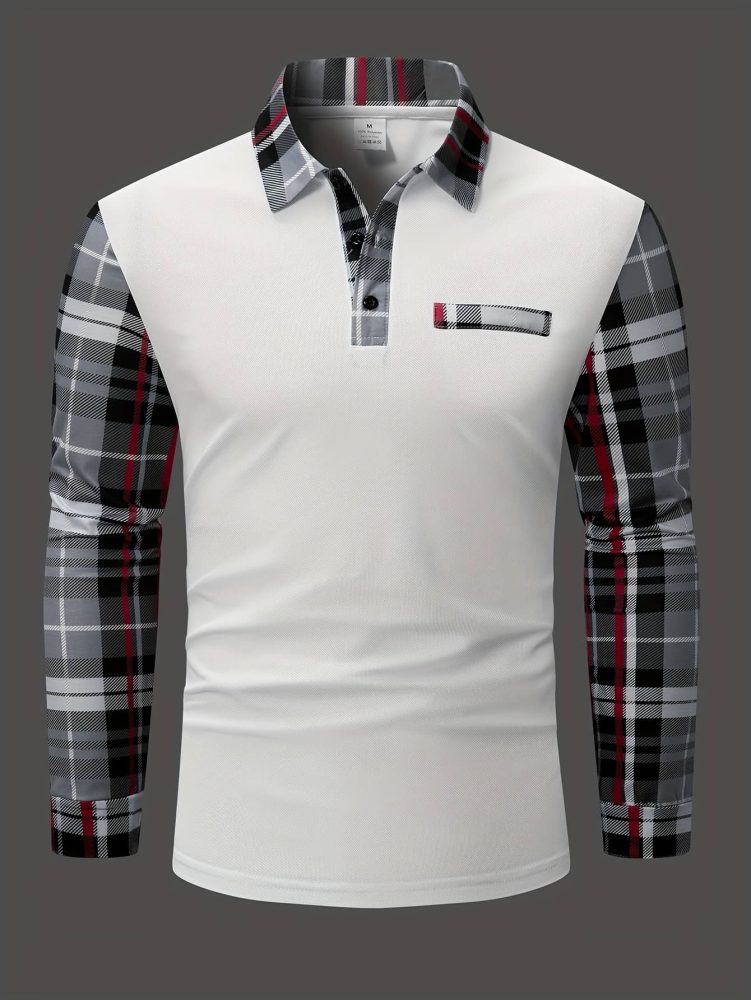 Men Casual Plaid Polo Long Sleeve Shirt with Chest Patch