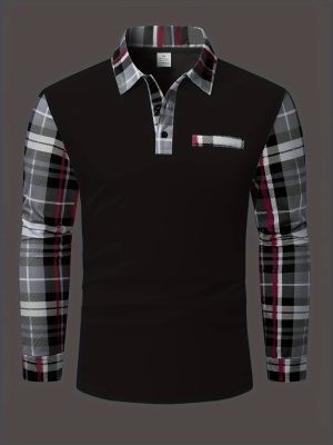 Men Casual Plaid Polo Long Sleeve Shirt with Chest Patch