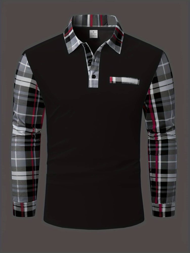 Men Casual Plaid Polo Long Sleeve Shirt with Chest Patch