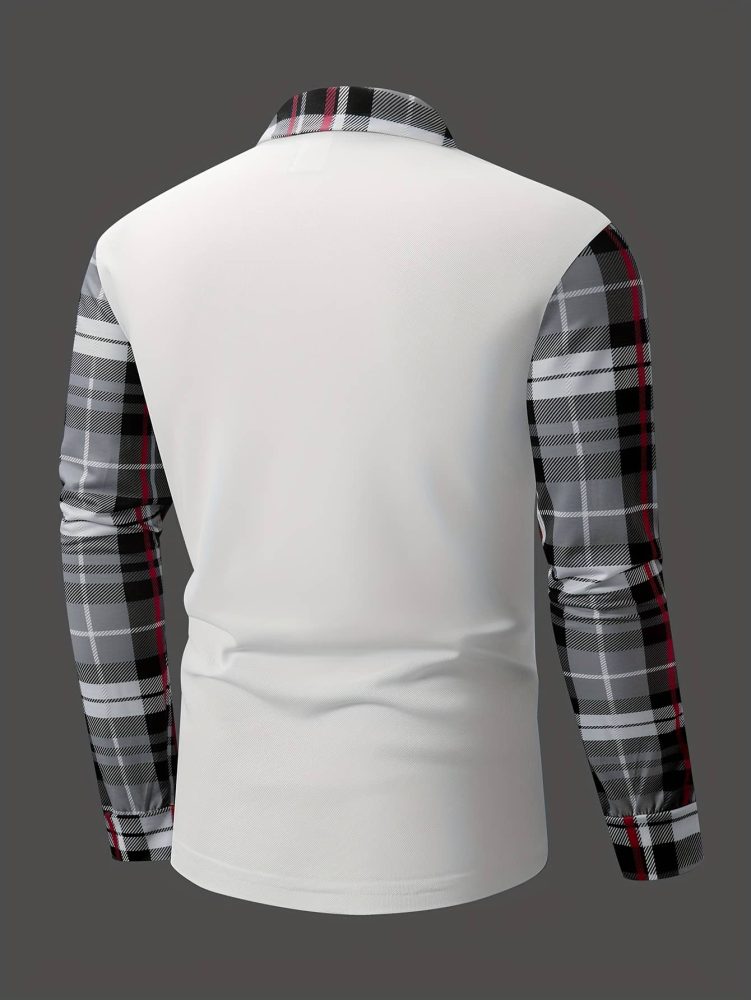 Men Casual Plaid Polo Long Sleeve Shirt with Chest Patch