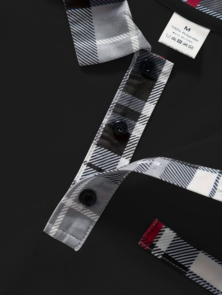 Men Casual Plaid Polo Long Sleeve Shirt with Chest Patch