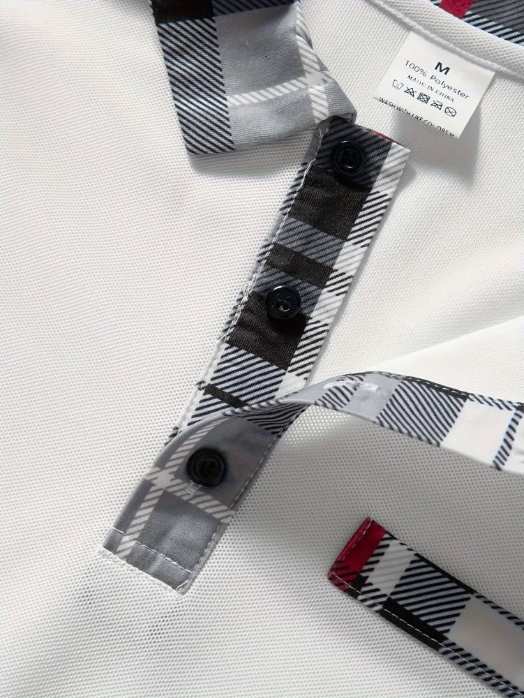 Men Casual Plaid Polo Long Sleeve Shirt with Chest Patch