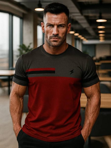 Men Red & Black Gradient T-Shirt with Lightning Bolt Print - Breathable Round Neck Casual Tee