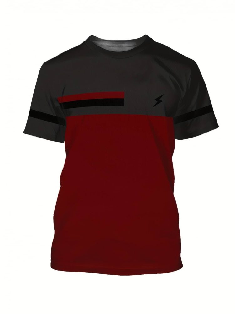 Men Red & Black Gradient T-Shirt with Lightning Bolt Print - Breathable Round Neck Casual Tee