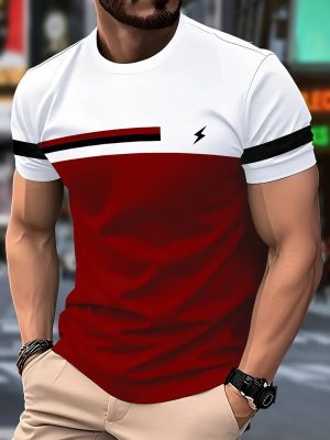 Men Red & Black Gradient T-Shirt with Lightning Bolt Print - Breathable Round Neck Casual Tee